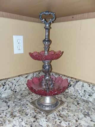 Antique Cranberry Glass 2 - Tier Candy/nut Dish.