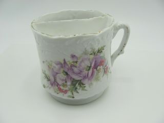 Antique Porcelain Mustache Cup Hand Painted Purple Pansies Embossed Details Gilt