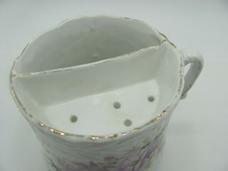 Antique Porcelain Mustache Cup Hand Painted Purple Pansies Embossed Details Gilt 2
