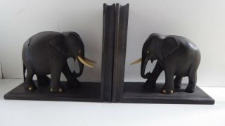 Antique Pair Ebonised Wooden Elephant Bookends Ebony Timber