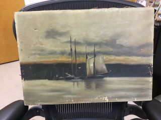 Antique 19th C Oil On Canvas Painting Of American Ship In Harbor