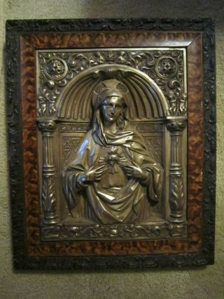 Framed Antique Image Of Mary,  Mother Of Christ / Silvered Metal /