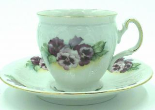 Bernadotte Czechoslovakia Porcelain Cup & Saucer Violets Pansies Gold Trim