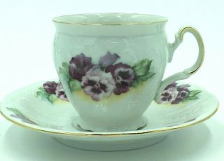 Bernadotte Czechoslovakia Porcelain Cup & Saucer Violets Pansies Gold Trim 3