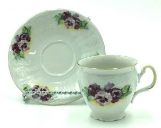 Bernadotte Czechoslovakia Porcelain Cup & Saucer Violets Pansies Gold Trim 4