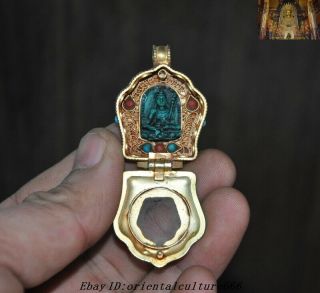 Old Tibetan Buddhism Silver Filigree Inlay Gem Turquoise Amulet Pendant Gawu Box