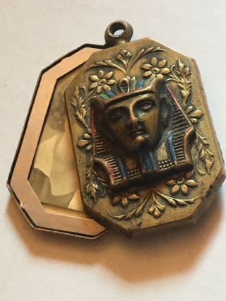 Antique Egyptian King Tut Enamel Brass Slide Locket Pendant Necklace Charm Fob