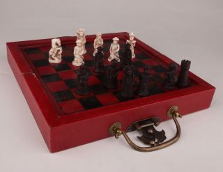 Rare Old Leather Red Wood Chess Dragon Box Game Chess Card