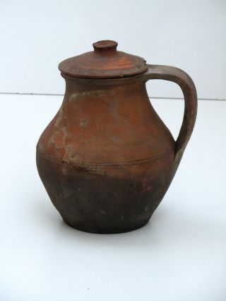 Antique Redware Pot Jug Churn Canna Pitcher Vessel Ewer With Cap 19th