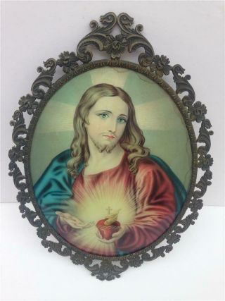Antique Jesus Sacred Heart Picture With Oval Metal Frame & Raised Convex Glass