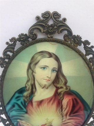Antique Jesus Sacred Heart Picture with Oval Metal Frame & Raised Convex Glass 2