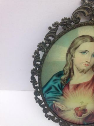 Antique Jesus Sacred Heart Picture with Oval Metal Frame & Raised Convex Glass 3