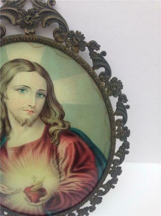 Antique Jesus Sacred Heart Picture with Oval Metal Frame & Raised Convex Glass 4