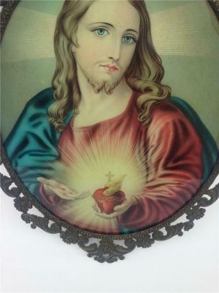 Antique Jesus Sacred Heart Picture with Oval Metal Frame & Raised Convex Glass 5