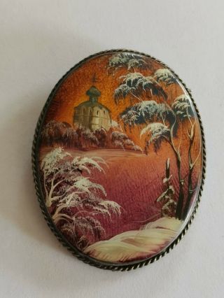 Antique Russian Hand Painted Winter Church Scene Brooch On Mother Of Pearl