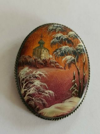 Antique Russian hand painted winter Church scene brooch on mother of pearl 2