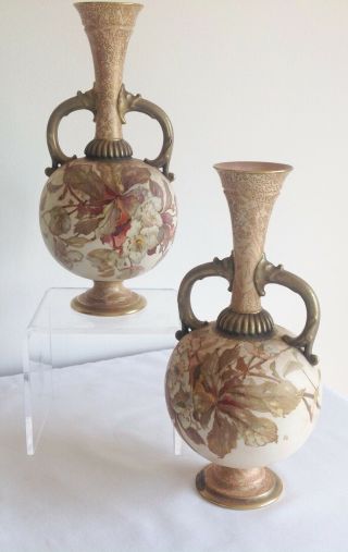 Antique Doulton Burslem Blush Ivory/gold Flowers Elephant Handled Vases