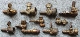 10 Antique Ornate Brass Gas Shutoff Valves,  Nozzles For Light,  Heater,  Stove
