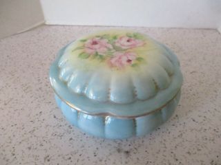 Antique,  Powder Jar & Lid,  Porcelain,  Vanity Box,  Blue,  Gold Trim,  Japan,  4.  5 " D