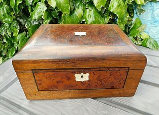Antique Large Walnut Wooden Work Sewing Box Contains Some Costume Jewellery