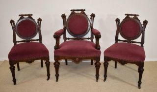 3 Victorian Parlor Chairs Carved Storks Burled Walnut 1880 