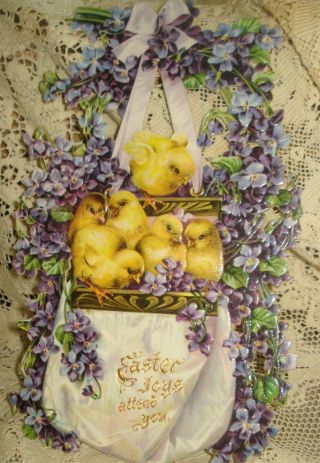 Antique Victorian Diecut Easter Card Large 9 " Baby Chicks & Violets In Handbag