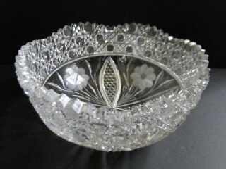 Antique Abp Large Deeply Cut Glass Bowl With Flowers & Saw Tooth Edge