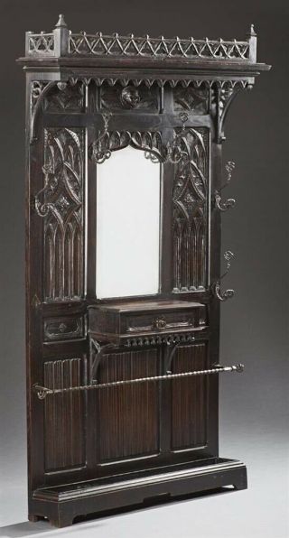 French Gothic Revival Carved Oak Hall Stand Coat Rack Umbrella Stand W/mirror