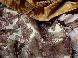 Antique Shimmering Silk Cotton Damask Fabric Orig Selvedges Leaves Quality