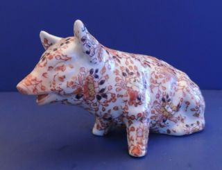 Porcelain Pig Figure Chinese Hand Painted Flowers Signed 4 " High