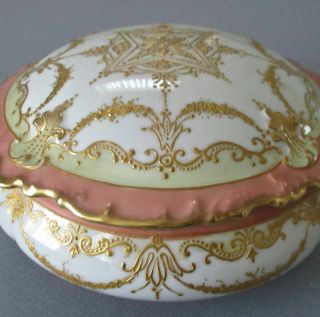 Stunning Antique Limoges Hp Porcelain Powder Box Ornate Gilt Paste Swags Scrolls