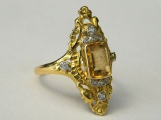 Antique - 18ct Gold/Diamond/Topaz Coat Of Arms Intaglio Marquise Ring - circa 1920 ' s 8