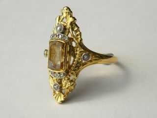 Antique - 18ct Gold/Diamond/Topaz Coat Of Arms Intaglio Marquise Ring - circa 1920 ' s 9