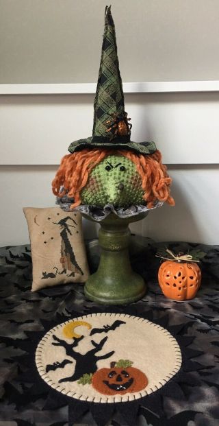 Folk Art Primitive Witch Head Hand Made Halloween Decoration