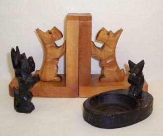 Vintage Carved Wood Wooden Scottie Dog Bookends/trinket Dish/figure Black Forest