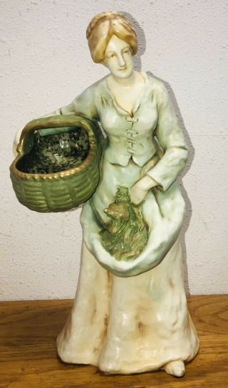 Antique Sculpture Lady W Basket 16 " Turn - Teplitz Amphora Austria Imperial Figure