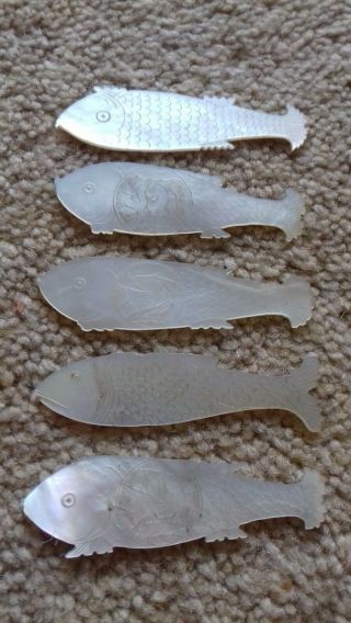 Antique Ornate Mother Of Pearl Fish Gaming Counters X 5
