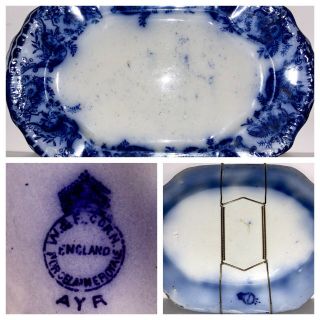 19th C Antique Flow Blue Platter W & E Corn 10” X 7.  5” - Ayr Pattern - Embossed