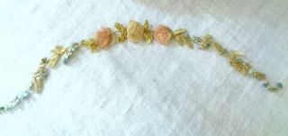 Elegant Long 17 1/2 Victorian French Silk Ribbonwork Rose Leaves Flowers On Vine