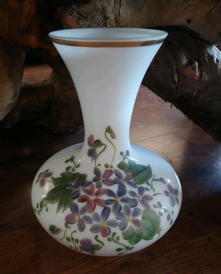 Antique 19th Century Hand - Painted Flowers Opalescent Milk Glass Vase