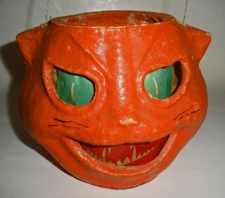 Antique Halloween Paper Mache Orange Cat Jol Candy Container - Insert