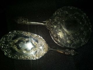 Antique Silver Hand Held Mirror & Matching Hair Brush Vanity Decorative