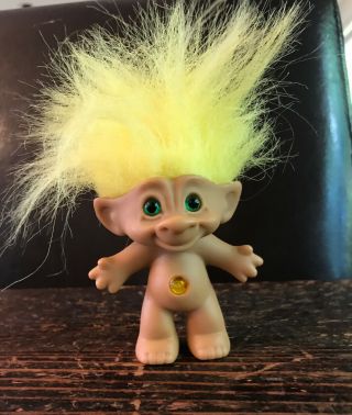 Vintage Treasure Troll Doll Yellow Hair Yellow Jewel 4 " Ace Novelty Co