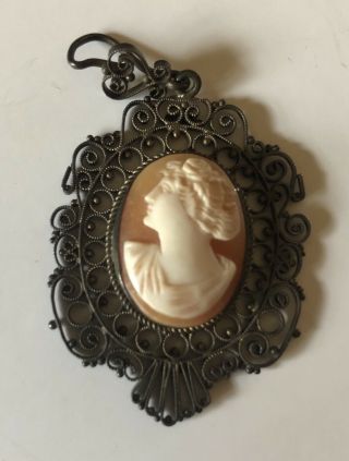 Antique Cameo Pendant Brooch Italy 800 Silver Filigree Carved Shell