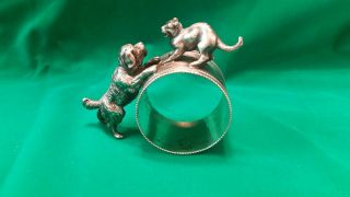 Antique Silverplate Napkin Ring With Dog And Cat Figures