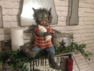 Primitive Halloween Fall Black Cat Were Wolf Doll With His Fish Bone Decor