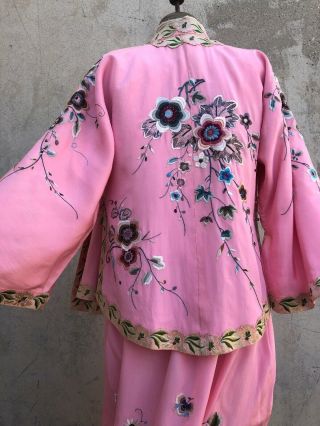 Antique 1920s Chinese Pink Silk Embroidery Qipao Cheongsam Banner Dress Signed 10