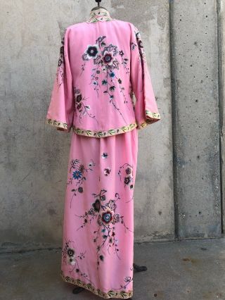 Antique 1920s Chinese Pink Silk Embroidery Qipao Cheongsam Banner Dress Signed 11