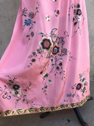 Antique 1920s Chinese Pink Silk Embroidery Qipao Cheongsam Banner Dress Signed 3