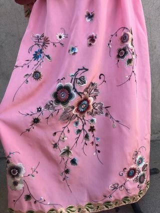 Antique 1920s Chinese Pink Silk Embroidery Qipao Cheongsam Banner Dress Signed 9